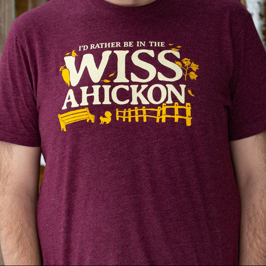 Maroon t-shirt with 'I'd Rather Be in the Wissahickon' text and graphics.