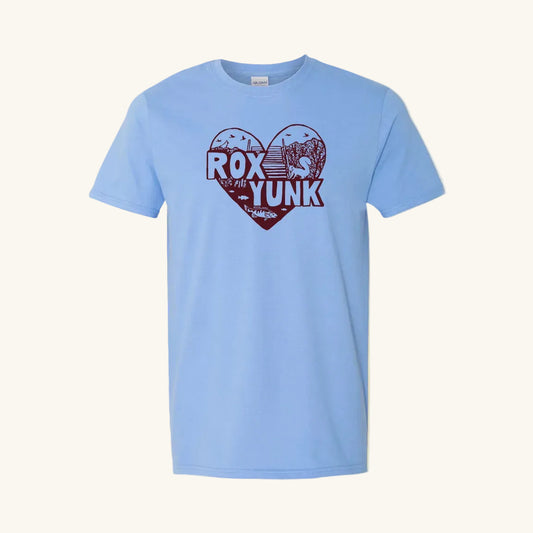 Heart-shaped maroon design with 'ROX YUNK' text on a blue t-shirt