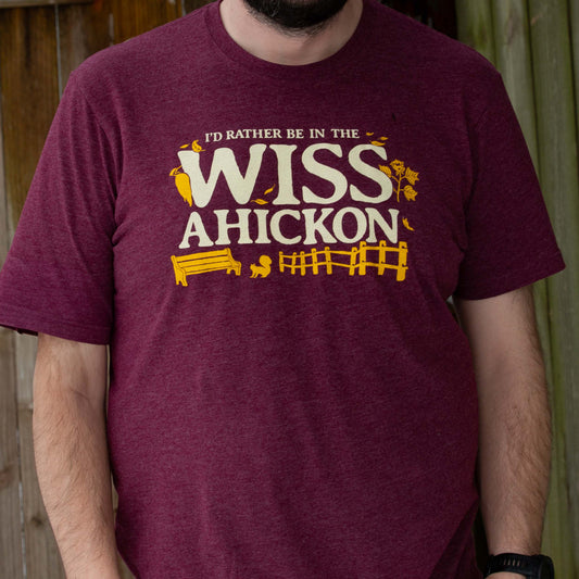 Maroon t-shirt with 'I'd Rather Be in the Wissahickon' text and graphics on a person wearing it.