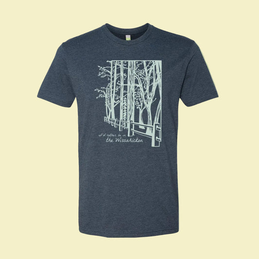 Dark Blue t-shirt with light green graphic design of trees and a pathway, text 'I'd Rather be in the Wissahickon' on a light green background.