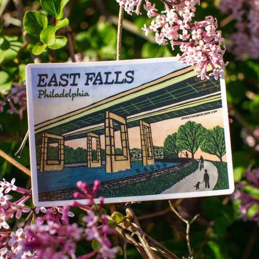 Sticker of East Falls, Philadelphia design surrounded by pink flowers