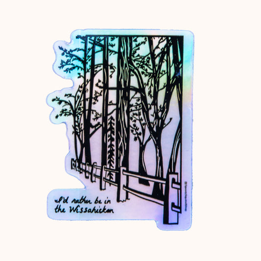 A holographic sticker with an illustration of the Wissahickon Valley Park, featuring trees and a pathway.