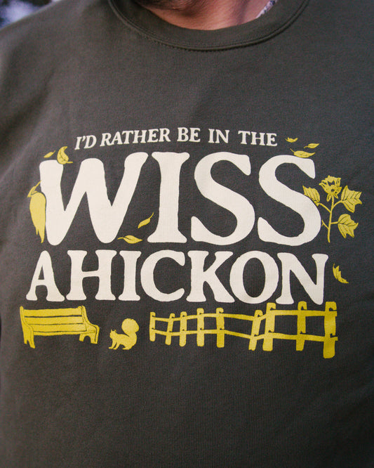 T-shirt with 'I'd Rather Be In The Wiss Ahickon' text and graphics on a dark background