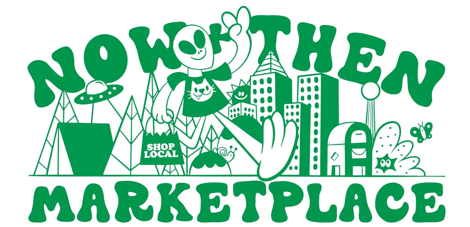 Green alien cartoon characters and text for Now Then Marketplace on a white background