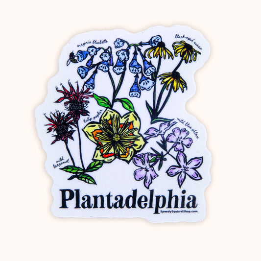 Sticker with colorful floral design and 'Plantadelphia' text on a white background
