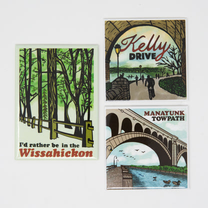 Three magnets with scenic designs