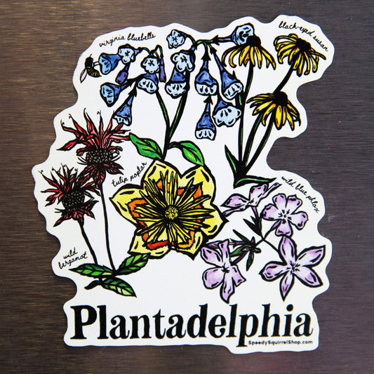 Fridge magnet with colorful flowers and 'Plantadelphia' text on a metallic surface