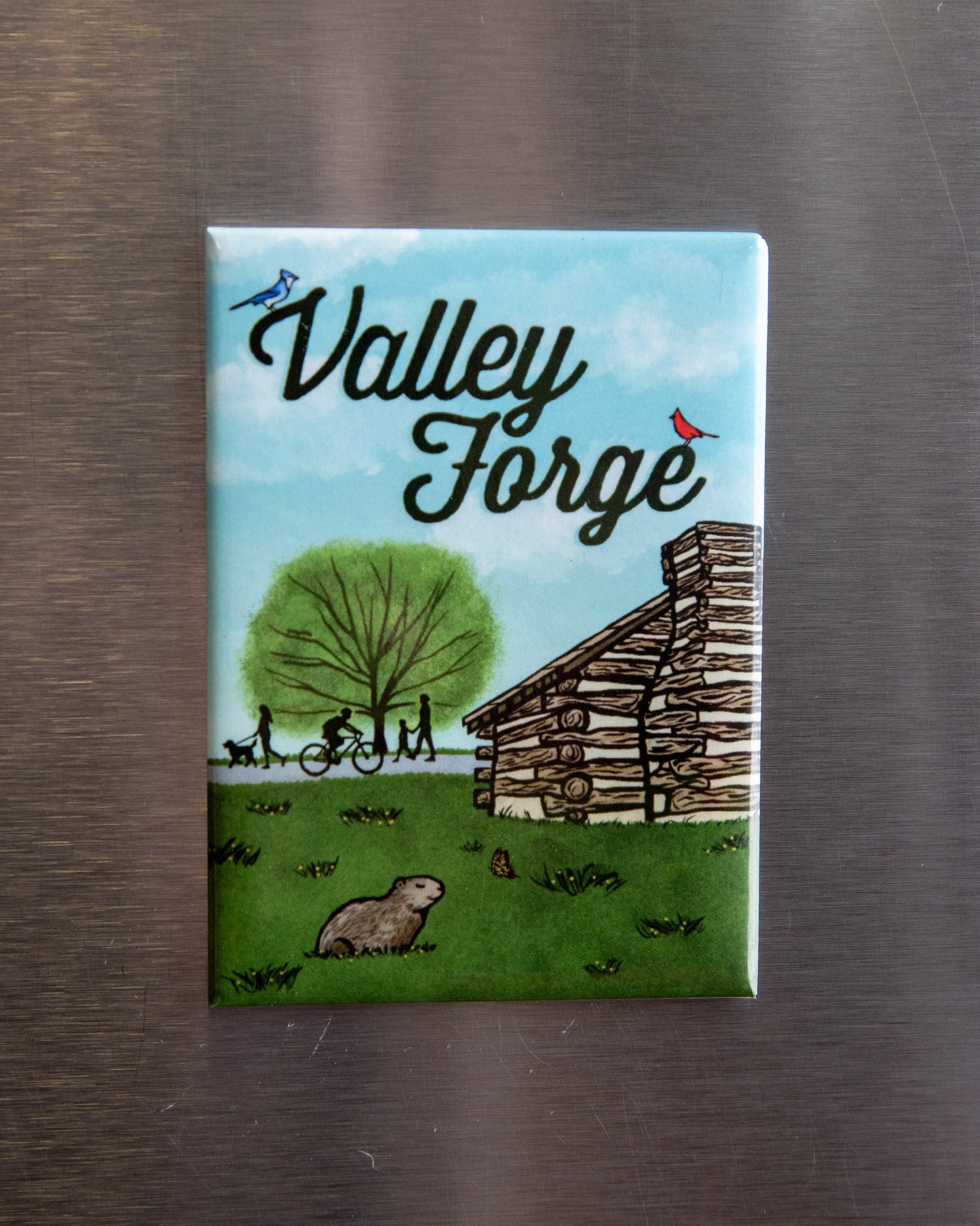 Fridge magnet with Valley Forge illustration on a metallic surface