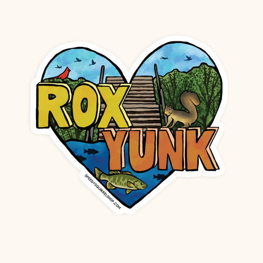 Heart-shaped sticker with 'ROX YUNK' text and nature-themed illustrations on a white background