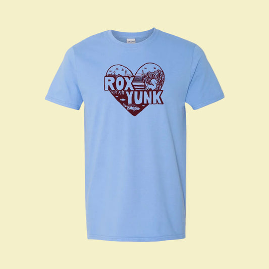 Heart-shaped maroon design with 'ROX YUNK' text on a blue t-shirt