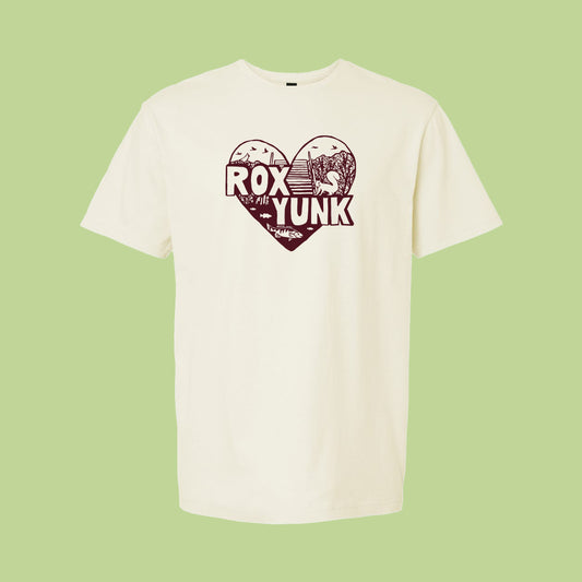 Cream t-shirt with a heart shaped 'RoxYunk' graphic with a green background.