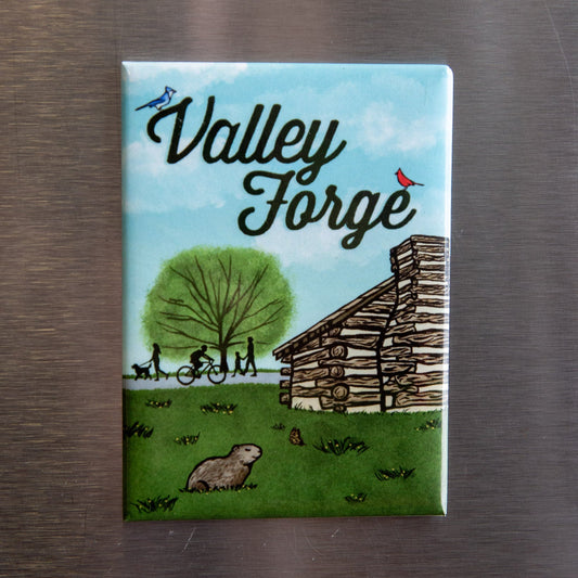 Fridge magnet with Valley Forge illustration on a metallic surface

