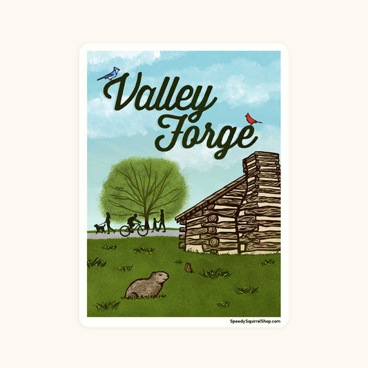 Sticker with 'Valley Forge' design on a grass background. Illustration of a log cabin, tree, and people on a bike and footpath. 