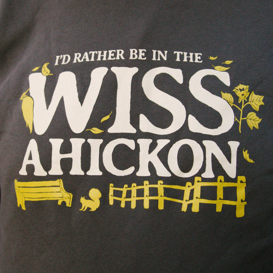 Olive crewneck with 'I'd Rather Be In The Wissahickon' text and graphics.