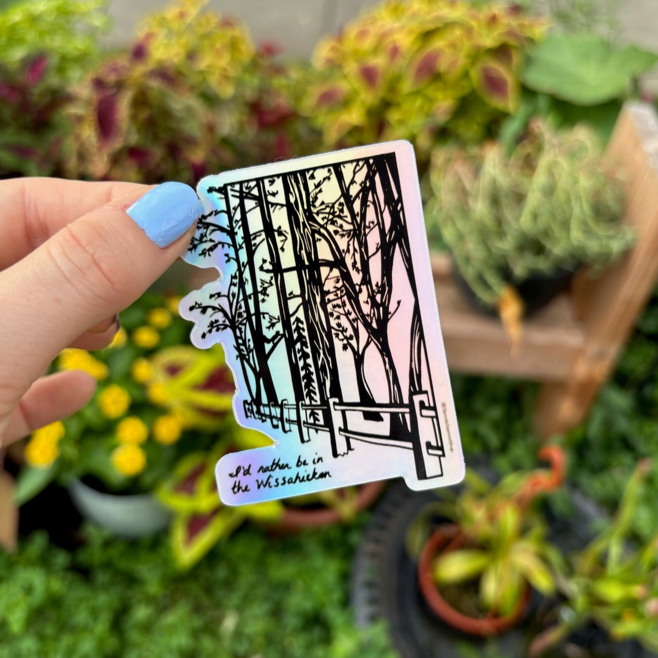 Hand hold a holographic sticker with an illustration of the Wissahickon Valley Park, featuring trees and a pathway, with a garden background