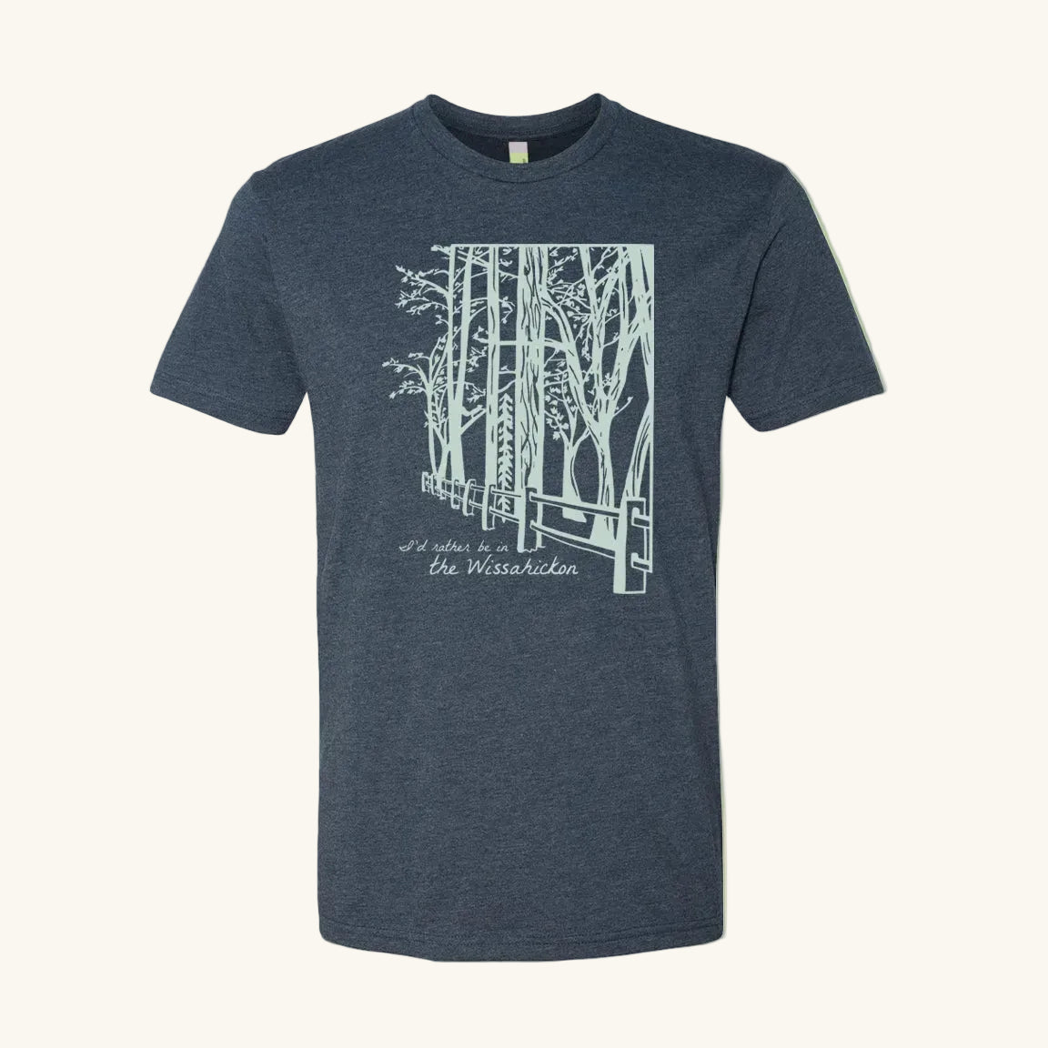 Dark Blue t-shirt with light green graphic design of trees and a pathway, text 'I'd Rather be in the Wissahickon' on a light green background.