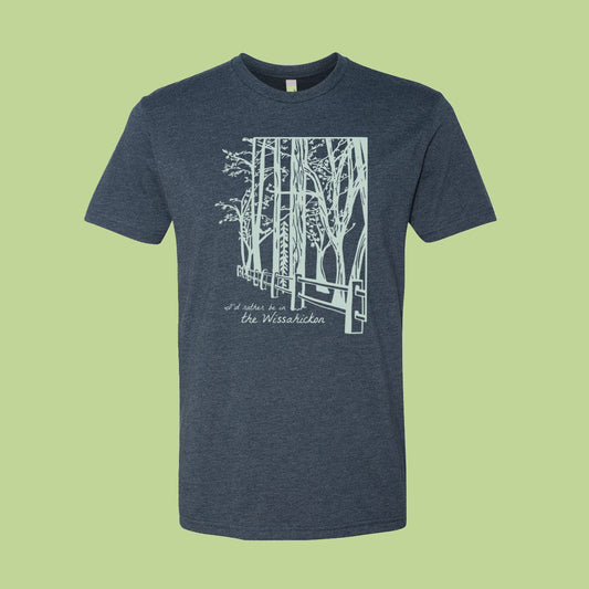 Dark Blue t-shirt with light green graphic design of trees and a pathway, text 'I'd Rather be in the Wissahickon' on a light green background.