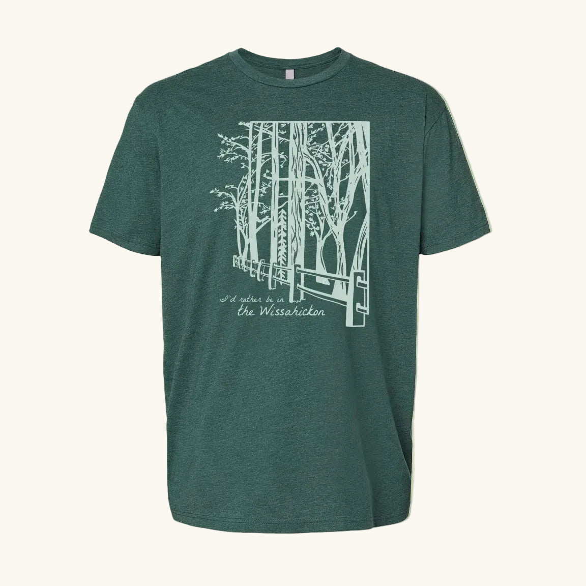 Green t-shirt with light green graphic design of trees and a pathway, text 'I'd Rather be in the Wissahickon' on a light green background.