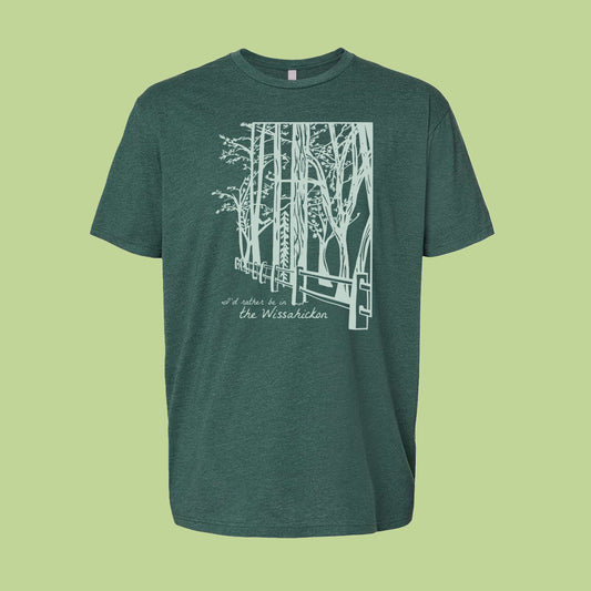 Green t-shirt with light green graphic design of trees and a pathway, text 'I'd Rather be in the Wissahickon' on a light green background.